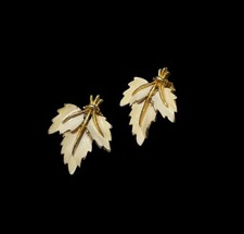 Vintage B.S.K. Signed Gold Tone Leaf Clip-on Earrings With White Enamel Accent picture