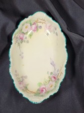 Antique Limoges France Hand Painted Pink Roses Relish Dish Coiffe Star Teal Rim picture