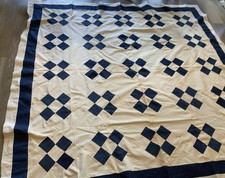 Antique Patchwork Quilt Top, Early 1900’s, Nine Patch, Navy Blue & White picture