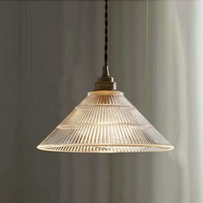 Vintage Clear Ribbed Glass Pendant Light Cone Shape Hanging Ceiling Lamp Kitchen picture