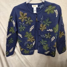 Talbots VTG Fall Leaves Cardigan Small  Petite  Wool /Cotton Leaves Textured picture
