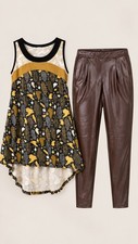 SUXE Womens 2 Piece Sleeveless Abstract High Low Tunic & Brown Pants Outfit Set picture