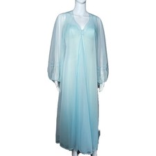 Vtg 50's Glydons Of Hollywood Women's Long Sheer Baby Blue Nightgown Peignoir Sm picture