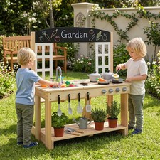 Outdoor Mud Kitchen, Wooden Pretend Play Kitchen with Bench,Stoves,Faucet, Sink picture