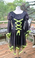Vintage Black Lime Green Crushed Velvet Tulle Witch Dress Halloween Costume picture
