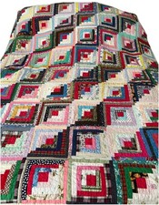 Vintage Handmade Straight Log Cabin Quilt 79” X 70” Heavy Quilt picture