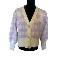 NWT Yimai Creamy White And Lavender Cropped Cardigan Sweater Size XL picture