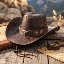Unisex Vintage Faux Leather Western Cowboy Hat Wide Brim Cowgirl Sun Cap picture