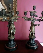 Pair Of Antique Late 19thC? Rococco Bronze & Marble 5 Arm Candleabra W/ Cherubs picture