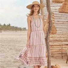 Sundance Veria Midi Dress Women Small White Pink Striped Boho Tiered Embroidered picture