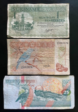 Suriname 1 2½ 25 Gulden Banknotes Lot of 3 Vintage Genuine Currency Used picture