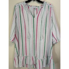 Crown & Ivy Womens 2X Pink Green Striped Linen Blend Tassel Peasant Top Blouse picture