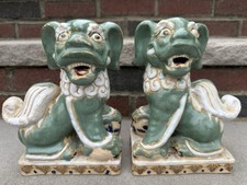 Antique Large Ceramic Foo Dog Green 9” Tall Chinese Culture Asian picture