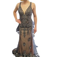 JVN by Jovani Charcoal Grey Beaded Ruffle Back Evening Gown Dress 4 JVN41680 picture