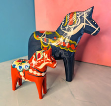 Vintage Swedish Dala Horse Lot Pair Blue & Red Orange Wood Folk Art Nusnas Mora picture