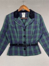 Vintage 90’s Green & Navy Plaid Belted Jacket w/ Shoulder Pads and Buttons, S picture