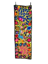 Vintage Mexican Chiapas Embroidered Wall Tapestry Crewel Bright Colored Peacocks picture