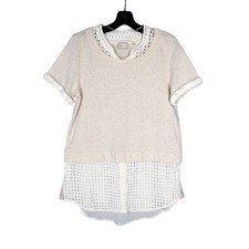 POSTMARK Anthropologie BEIGE Pullover PICNIC LAYERED Eyelet SWEATSHIRT/BLOUSE M picture