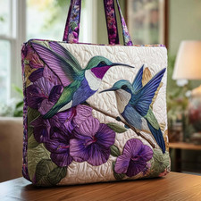 Personalized Hummingbird Couple Amethyst Flowers Quilted Tote Bag Gift picture