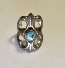 Vintage Turquoise Southwestern Silver Sandcast Openwork Ring picture