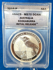 2016  Australia 1 Oz. Silver Kookaburra $1 Coin ANACS MS70 DCAM Initial Release picture