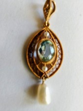 Antique 14K Gold Aquamarine Pearl Filigree Lavalier Pendant Victorian 2.66g picture