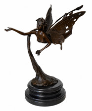 Bronze Flying Fairy Statue on Marble Base, 17-Inch Butterfly Wing Sculpture, Enc picture