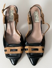 Pancaldi Diane B Italy Leather Slingback Heels Black Tan 38.5 Kitten Pointed Toe picture