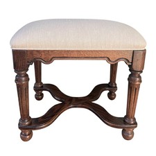Vintage Oak Footstool Upholstered Vanity Bench Ottoman Knob Creek Carved Wood picture