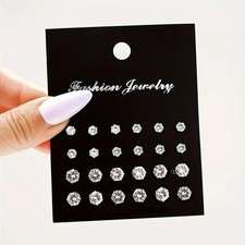 12 Pairs Stainless Steel Silver Stud Earrings Set CZ Round Crystal Men Women Kid picture