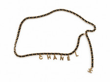 CHANEL 20C Gold Chain Belt Black Leather CHANEL Letter Charms Authentic picture