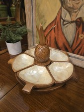 Vintage MCM Large Monkey Pod Lotus Bowl Set Teak Wood Serving Platter Lazy Susan picture