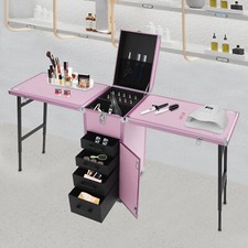 Pink Portable Nail Table Desk Foldable Rolling Manicure Station with Storage picture