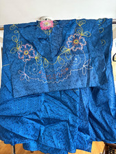 Blue Vintage Antique Silk Satin Embroidered Textile (100 x 95”) , 2 Pillow Cases picture