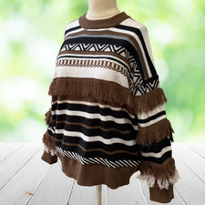 New ANDTHEWHY Fringe Sweater Western Boho Striped Pullover Cozy Oversized Sz M/L picture