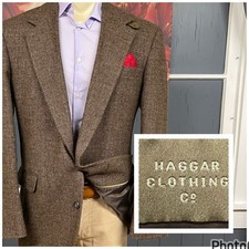 Vintage Haggar Tweed Blazer Sport Coat Mens 44L Long Wool Brown Chevron picture