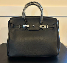 HERMÈS Birkin Black Top Handle Satchel Bag Silver Hardware Turn Lock Studs picture