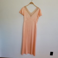 Vintage 30s Bias Cut Satin Maxi Dress Negligee Peach Delicate Lace Trim V Neck picture
