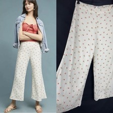 Anthropologie Feather Bone Sz 6 Cherry Print Linen Blend Wide Leg Pants Cream picture