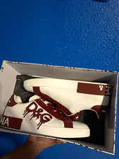 Dolce & Gabbana Men’s Low Top Lace Up Leather Sneakers White/Red Logo CS1772 picture