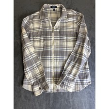 Chaps Womens Large Plaid Flannel Full Zip Shirt Grey Blue Cream Long Sleeve picture