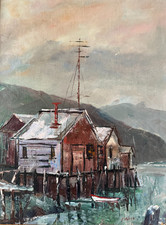 Vintage Mid Century Original Coastal Harbor Landscape Oil Painting Panel Signed picture