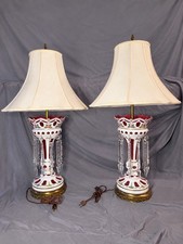 2 ANTIQUE Bohemian Chrystal PINK AND WHITE GLASS PRISM LAMPS picture