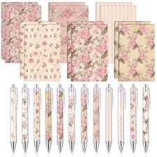 24 Pcs Vintage Rose Pink Floral Pens Flower Ballpoint Pens Flower Notepads Se... picture