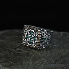 925 Sterling Silver Men Handmade Emerald Stone Engraved Handmade Ring picture