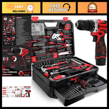 276-Piece Tool Set with 12V Cordless Power Drill - Complete DIY Kit, Red & Black picture