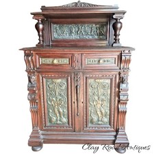 Antique 19th  Renaissance victorian  Carved oak  Cabinet Bronze Figural Panels picture