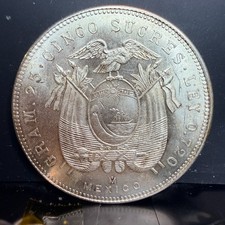 1943 Ecuador 5 Sucres Silver Coin Excellent AU Details Condition .720 Fine picture