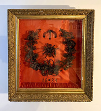 RARE Antique 1889 Victorian Mourning Hair Wreath.Gilded memento mori shadow box. picture