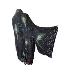 VTG 1990s Evening Kimono Jacket Peacock Feathers Beaded Duster Boho Art Nouveau picture